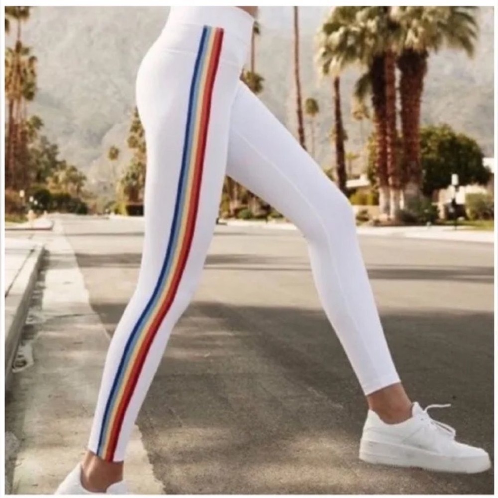 Spiritual Gangster White Leggings with Rainbow Side Stripes